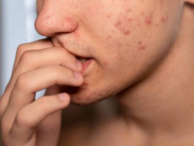 A Young Man With Acne And Pimples On His Face, Biting His Nails.